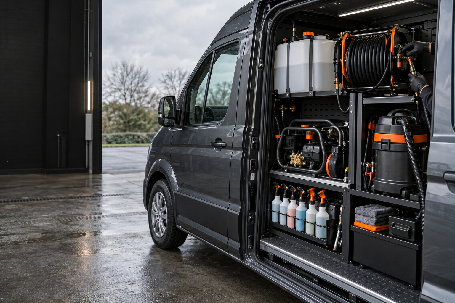 Organised mobile detailing van with secured water tank, hose reel, pressure washer and vacuum